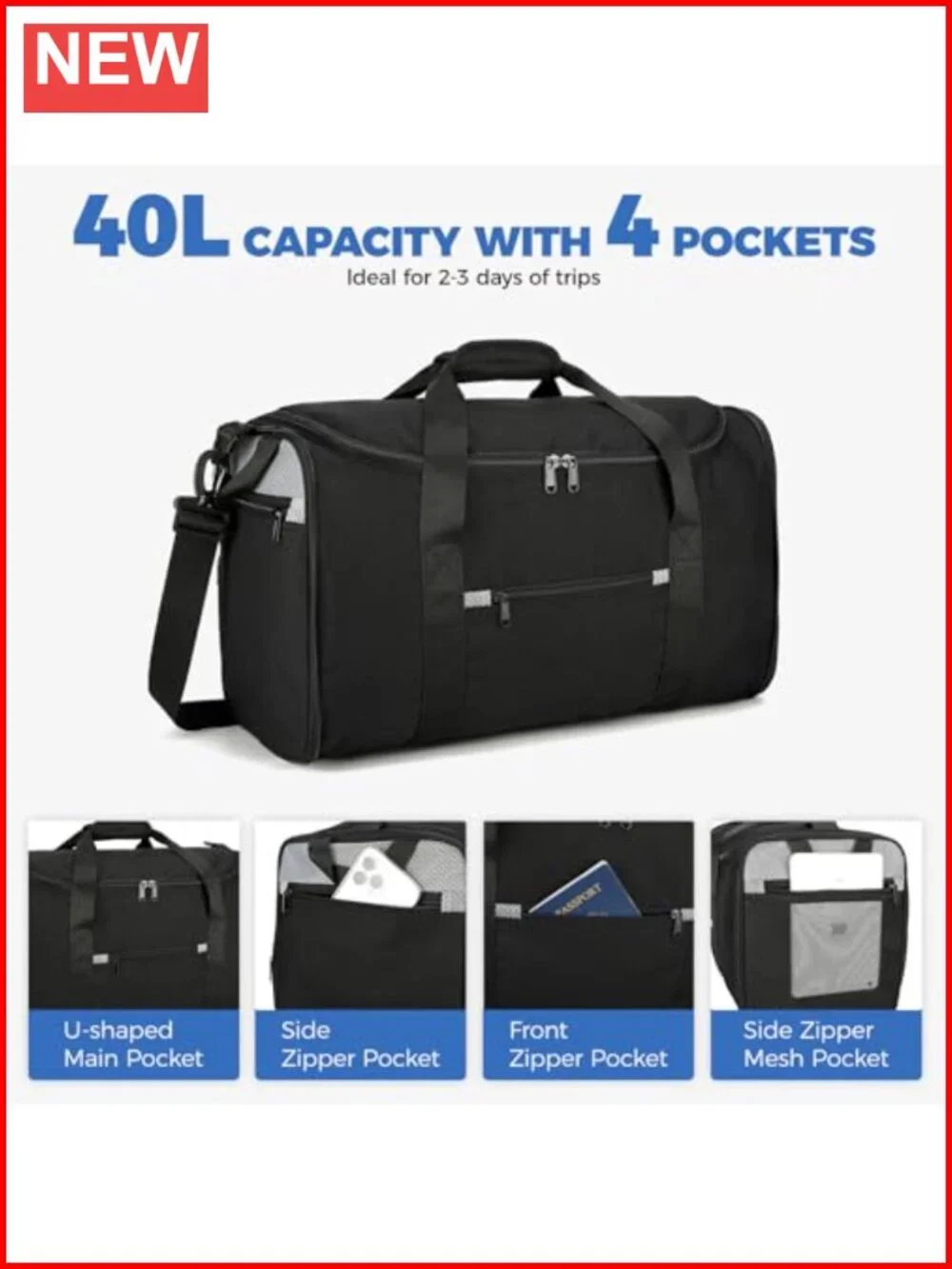 Foldable Duffel Bag - 18 inch Small Gym Bag for Travel, Carry On